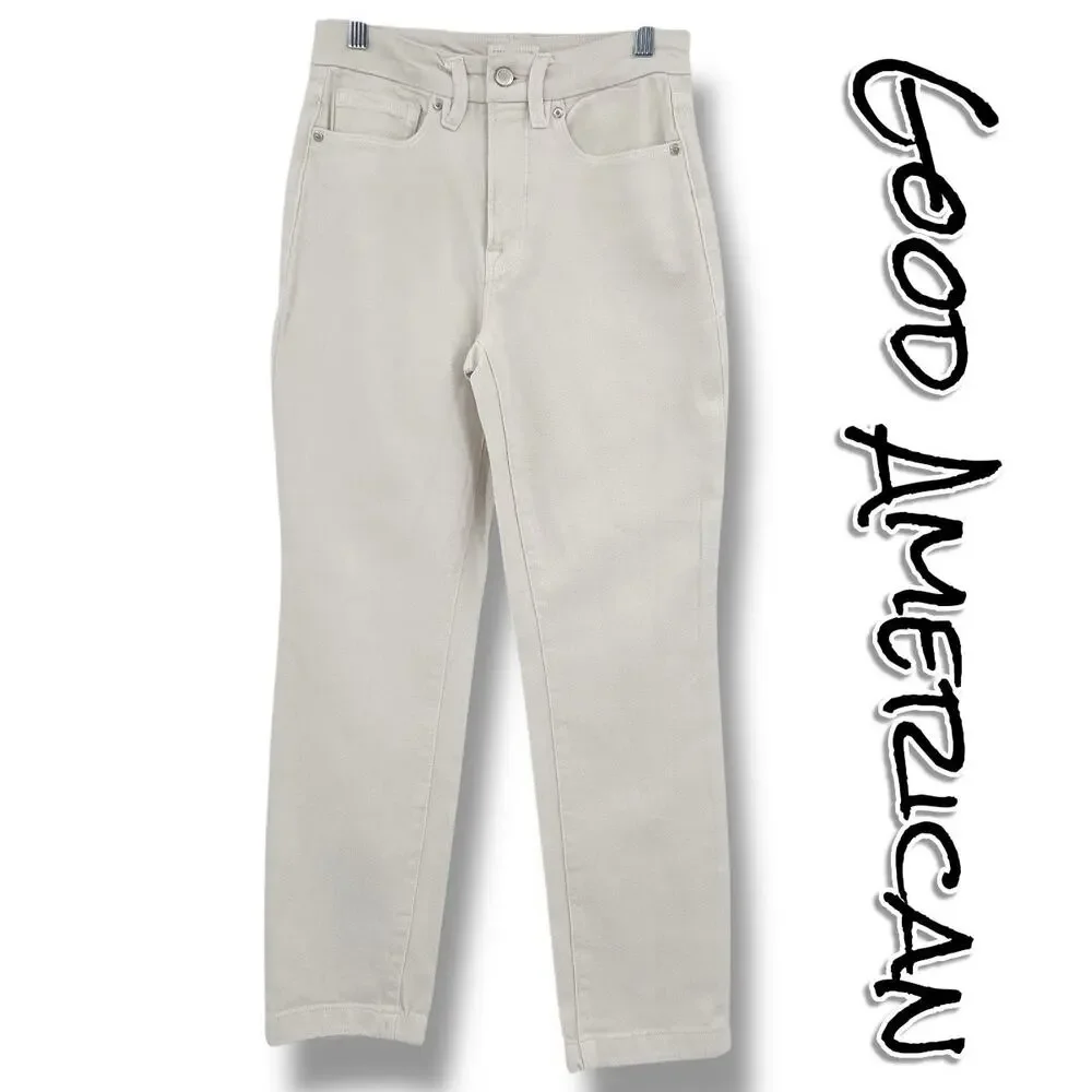 Good American Good Classic Slim Straight Bone High Rise Cream Jeans Womens Sz 26 - Picture 1 of 10
